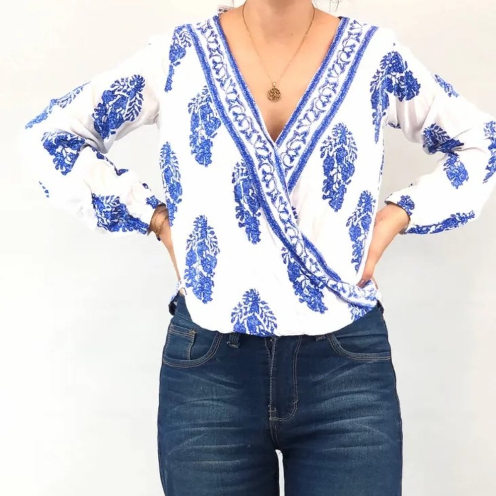 Blue and White Boho Print High Low Top